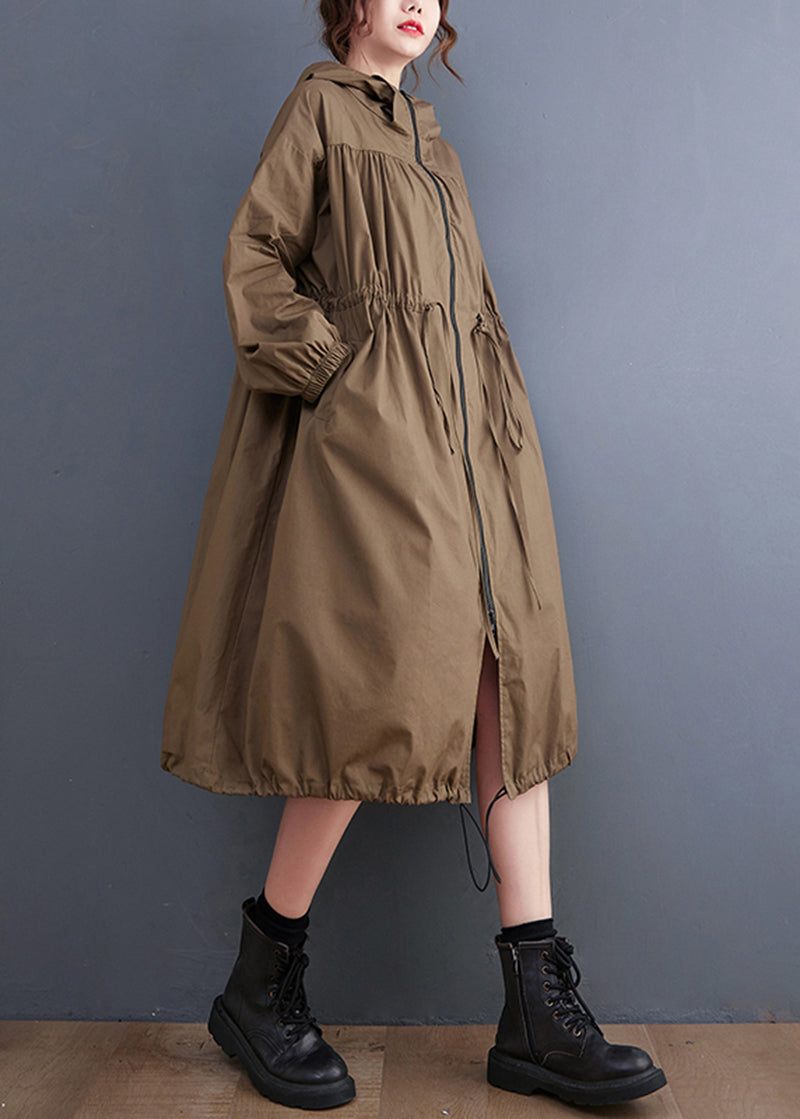 Plus Size Kaffe Zip Up Snøre Rynket Bomuld Hættetrøje Frakke Spring - Dame trenchcoats