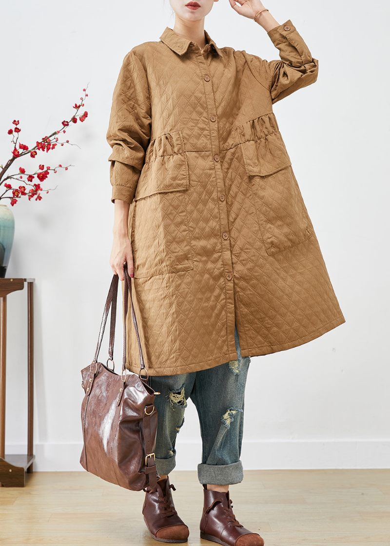 Plus Size Khaki Cinched Plaid Lommer Fin Bomuld Fyldt Trench Winter