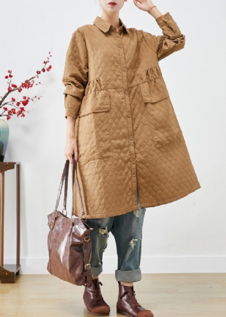 Plus Size Khaki Cinched Plaid Lommer Fin Bomuld Fyldt Trench Winter