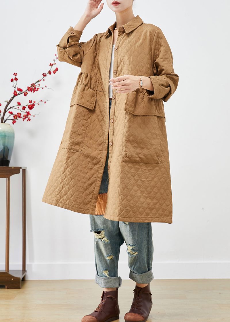 Plus Size Khaki Cinched Plaid Lommer Fin Bomuld Fyldt Trench Winter - Dame trenchcoats