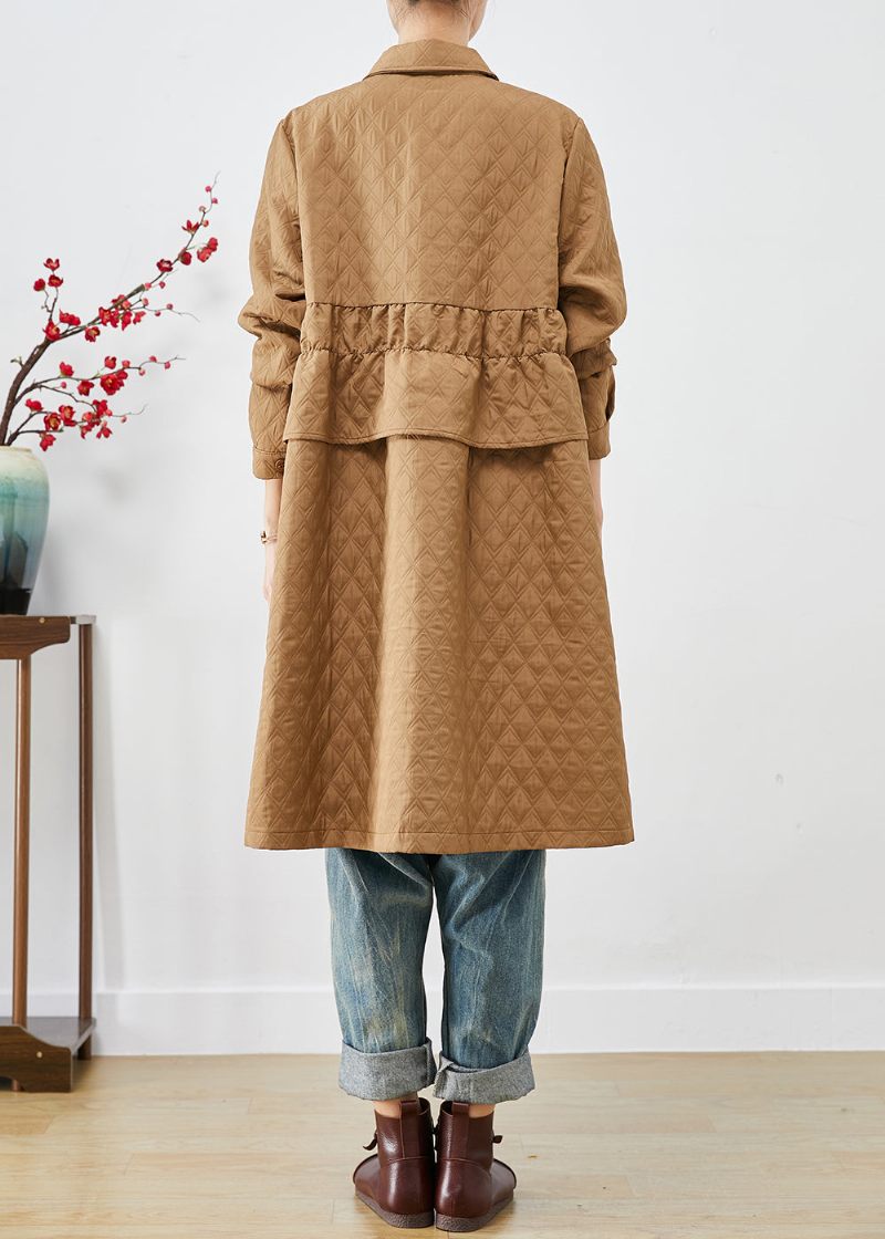 Plus Size Khaki Cinched Plaid Lommer Fin Bomuld Fyldt Trench Winter - Dame trenchcoats