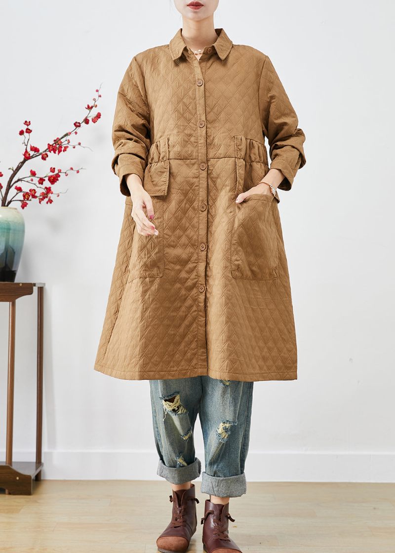 Plus Size Khaki Cinched Plaid Lommer Fin Bomuld Fyldt Trench Winter - Dame trenchcoats