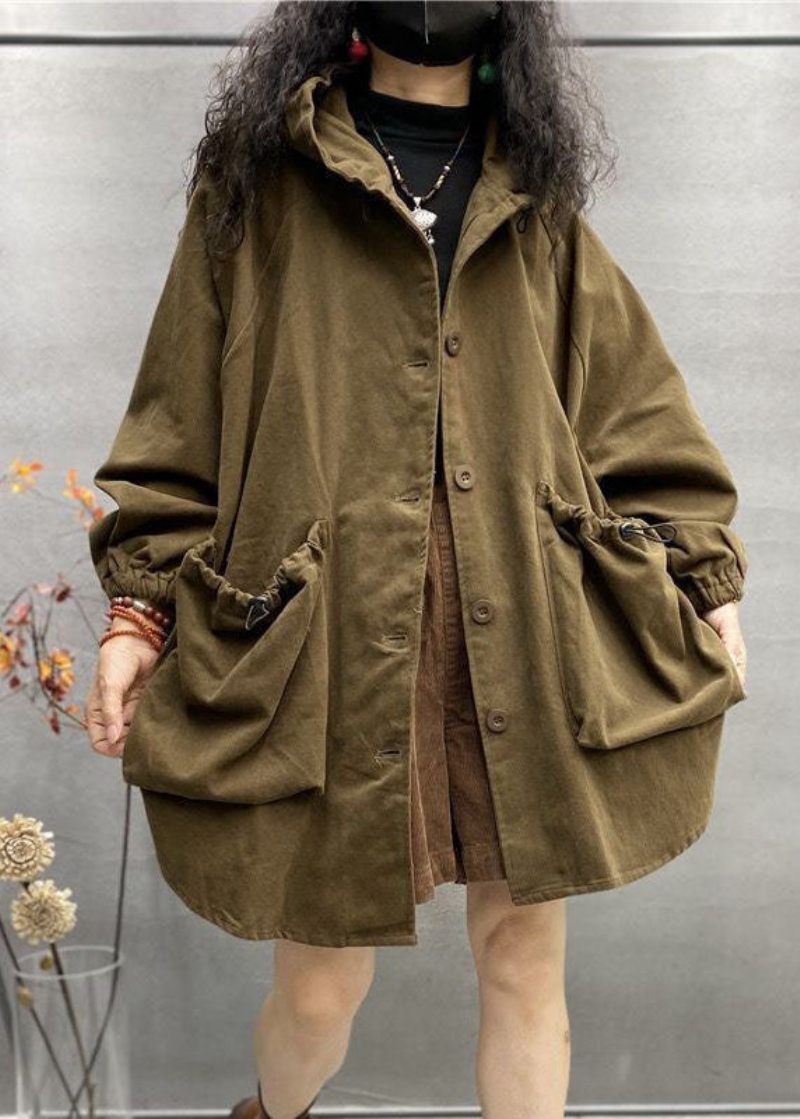 Plus Size Khaki Hætte Snøre Store Lommer Bomuld Frakker Spring - Dame trenchcoats