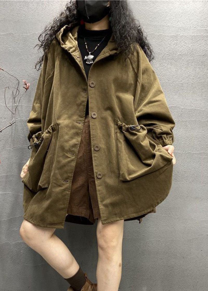 Plus Size Khaki Hætte Snøre Store Lommer Bomuld Frakker Spring - Dame trenchcoats