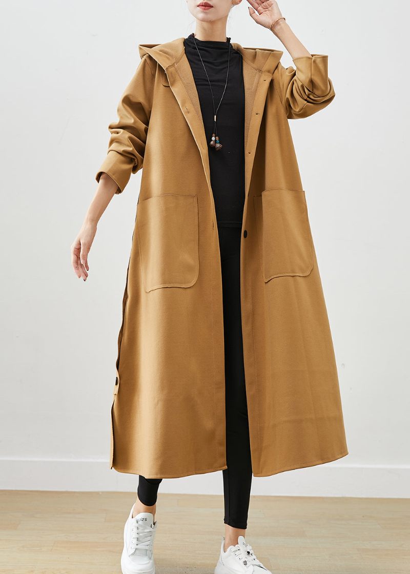 Plus Size Khaki Hættelommer Bomuld Trench Fall