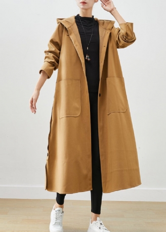 Plus Size Khaki Hættelommer Bomuld Trench Fall