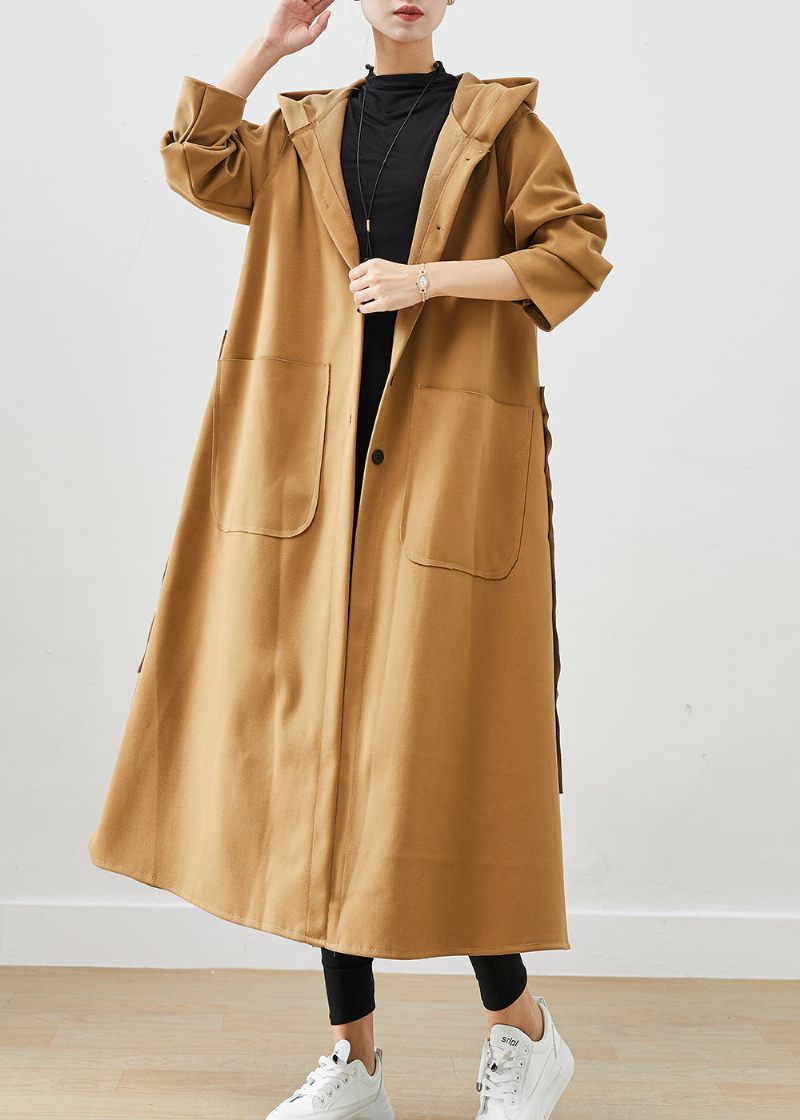 Plus Size Khaki Hættelommer Bomuld Trench Fall - Dame trenchcoats