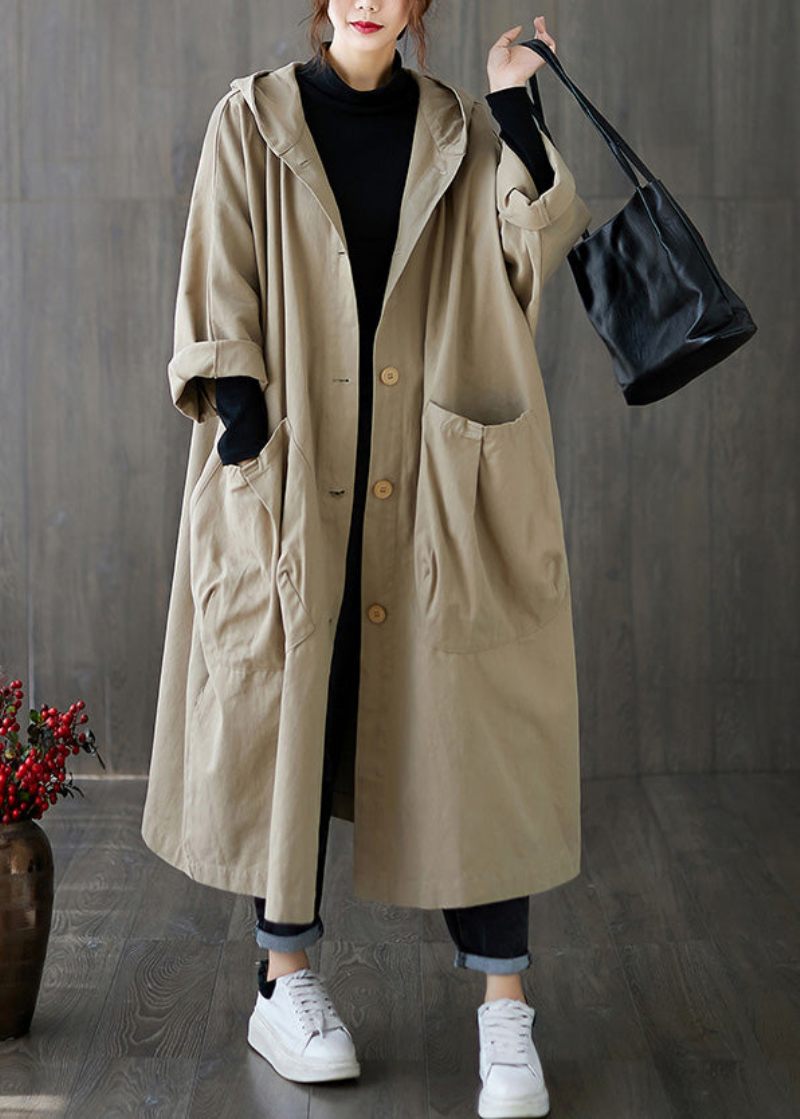 Plus Size Khaki Patchwork Button Lange Hættetrøjer Trench Coats Spring - Kaki