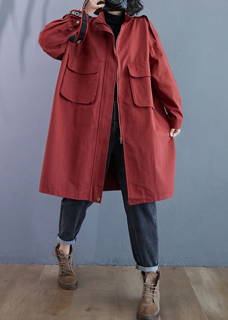 Plus Size Mursten Rød Lynlås Lommer Patchwork Bomuld Trench Coats Efterår