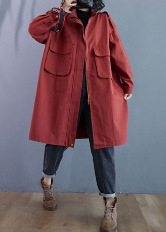 Plus Size Mursten Rød Lynlås Lommer Patchwork Bomuld Trench Coats Efterår