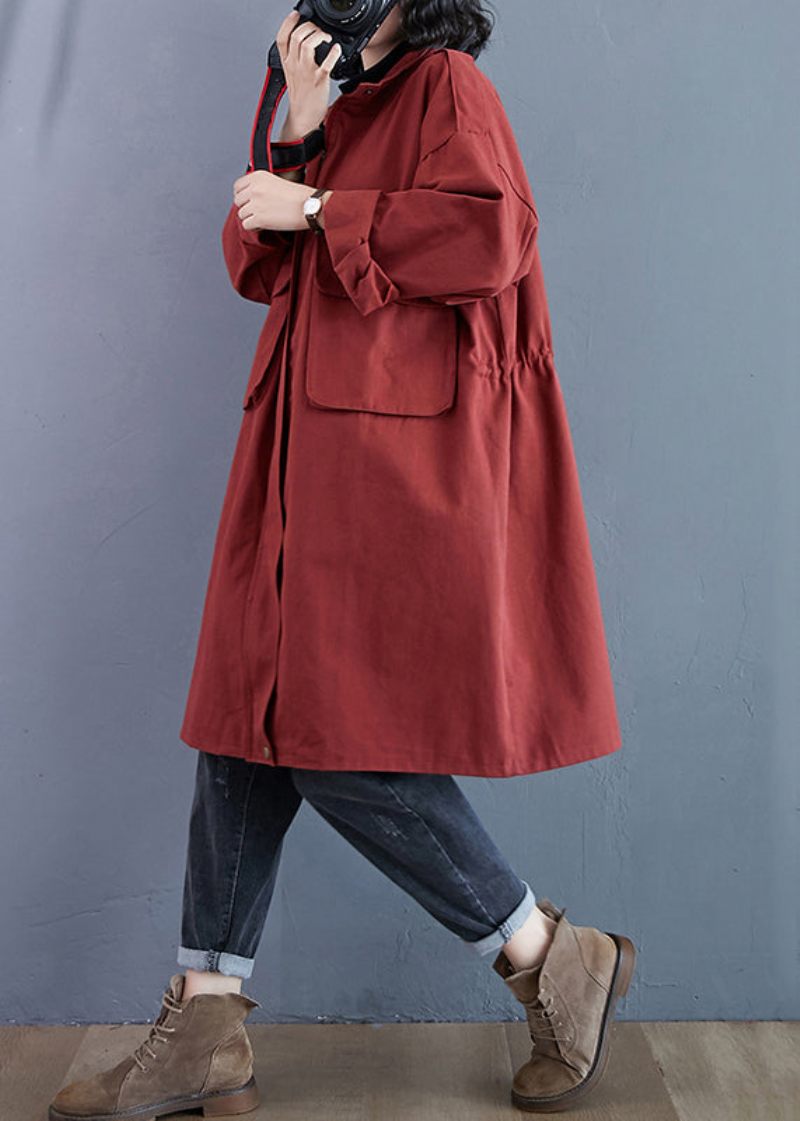 Plus Size Mursten Rød Lynlås Lommer Patchwork Bomuld Trench Coats Efterår - Dame trenchcoats