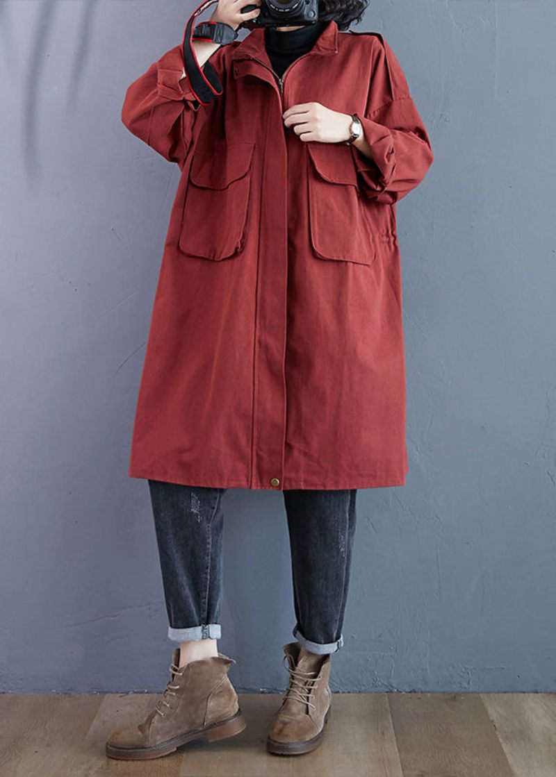 Plus Size Mursten Rød Lynlås Lommer Patchwork Bomuld Trench Coats Efterår - Dame trenchcoats