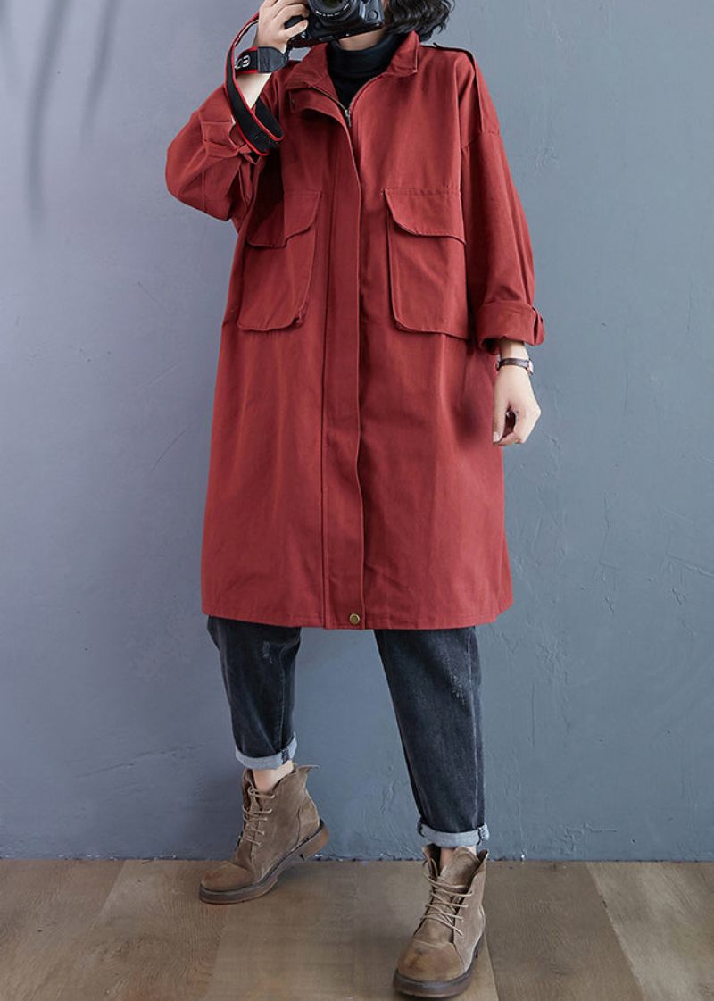 Plus Size Mursten Rød Lynlås Lommer Patchwork Bomuld Trench Coats Efterår - Dame trenchcoats