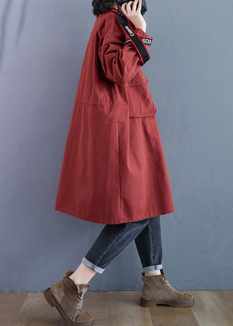 Plus Size Mursten Rød Lynlås Lommer Patchwork Bomuld Trench Coats Efterår - Dame trenchcoats