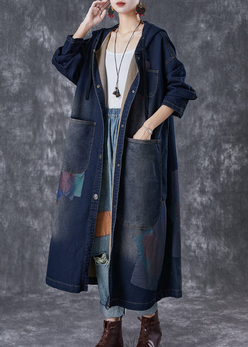 Plus Size Navy Hætte Asymmetriske Store Lommer Denim Trench Fall