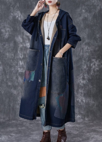 Plus Size Navy Hætte Asymmetriske Store Lommer Denim Trench Fall