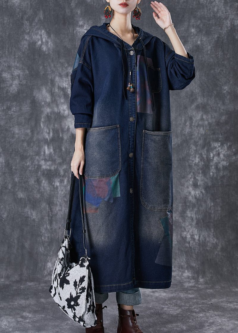 Plus Size Navy Hætte Asymmetriske Store Lommer Denim Trench Fall - Dame trenchcoats