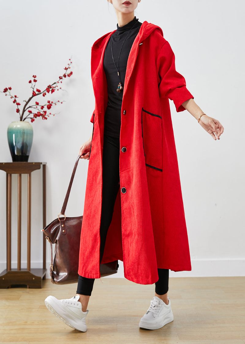 Plus Size Rød Hætte Store Lommer Corduroy Trench Coat Fall