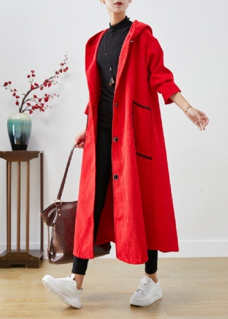 Plus Size Rød Hætte Store Lommer Corduroy Trench Coat Fall