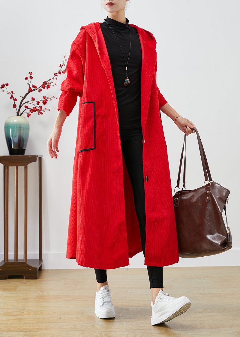 Plus Size Rød Hætte Store Lommer Corduroy Trench Coat Fall - Dame trenchcoats