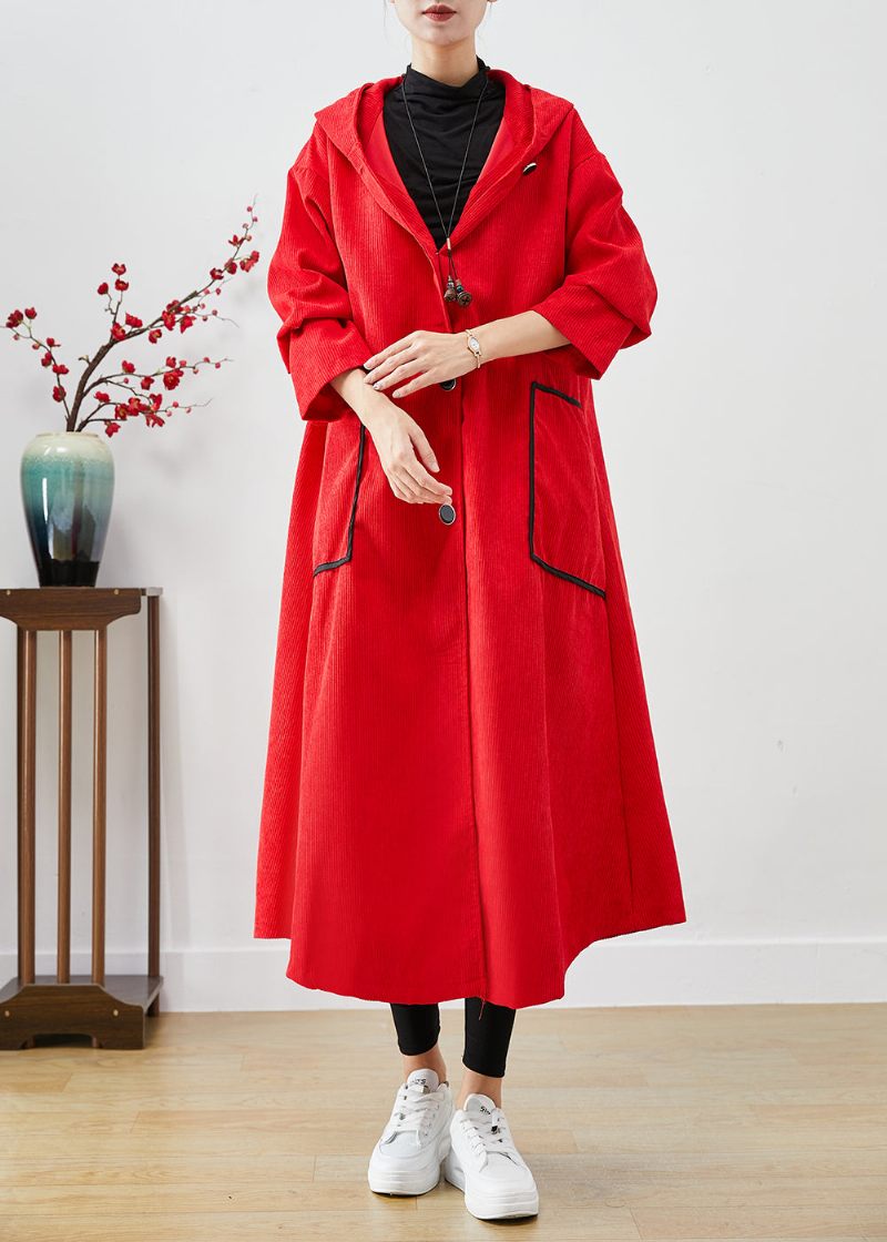 Plus Size Rød Hætte Store Lommer Corduroy Trench Coat Fall - Dame trenchcoats