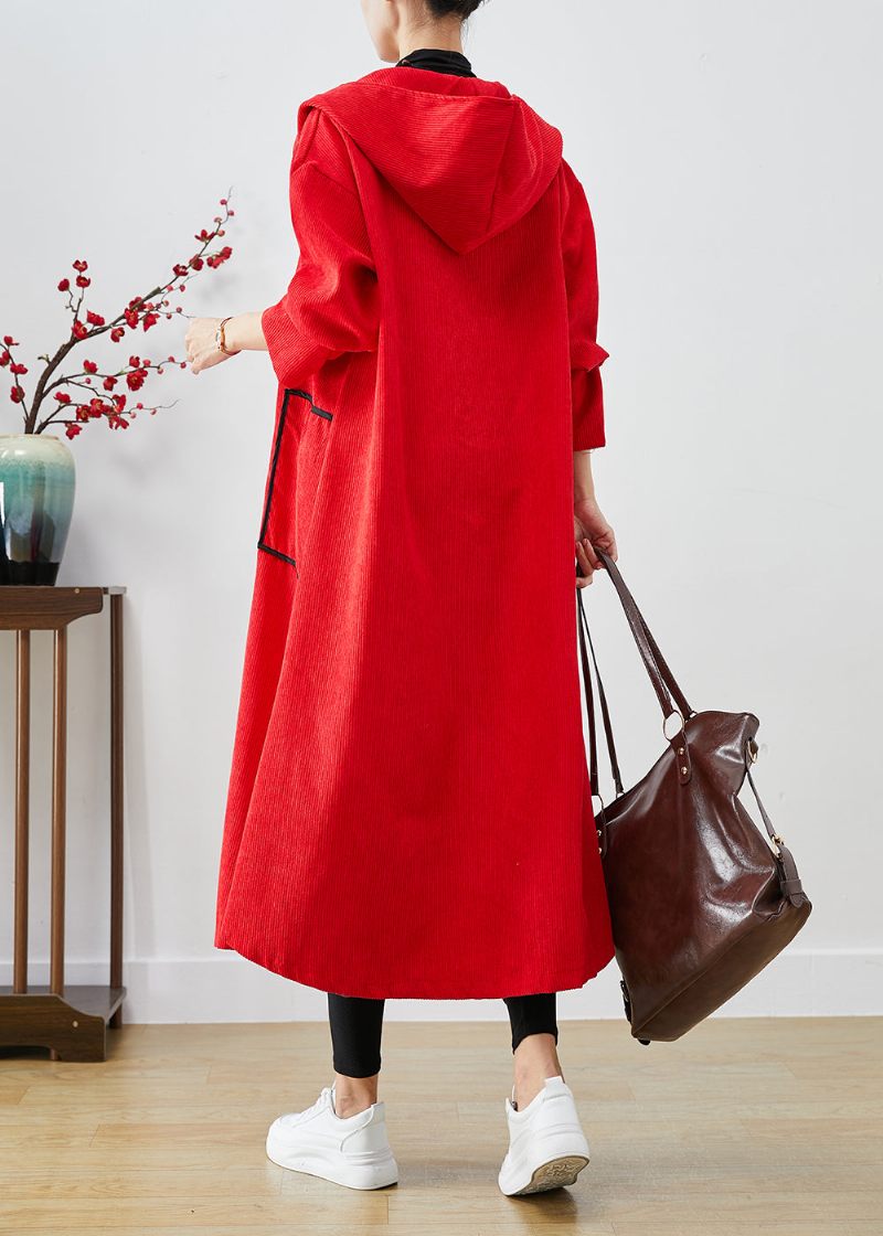 Plus Size Rød Hætte Store Lommer Corduroy Trench Coat Fall - Dame trenchcoats