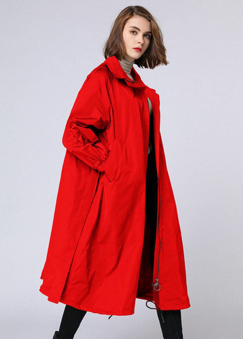 Plus Size Rød Lynlås Bindebånd I Taljen Lommer Fall Long Coat - Dame trenchcoats