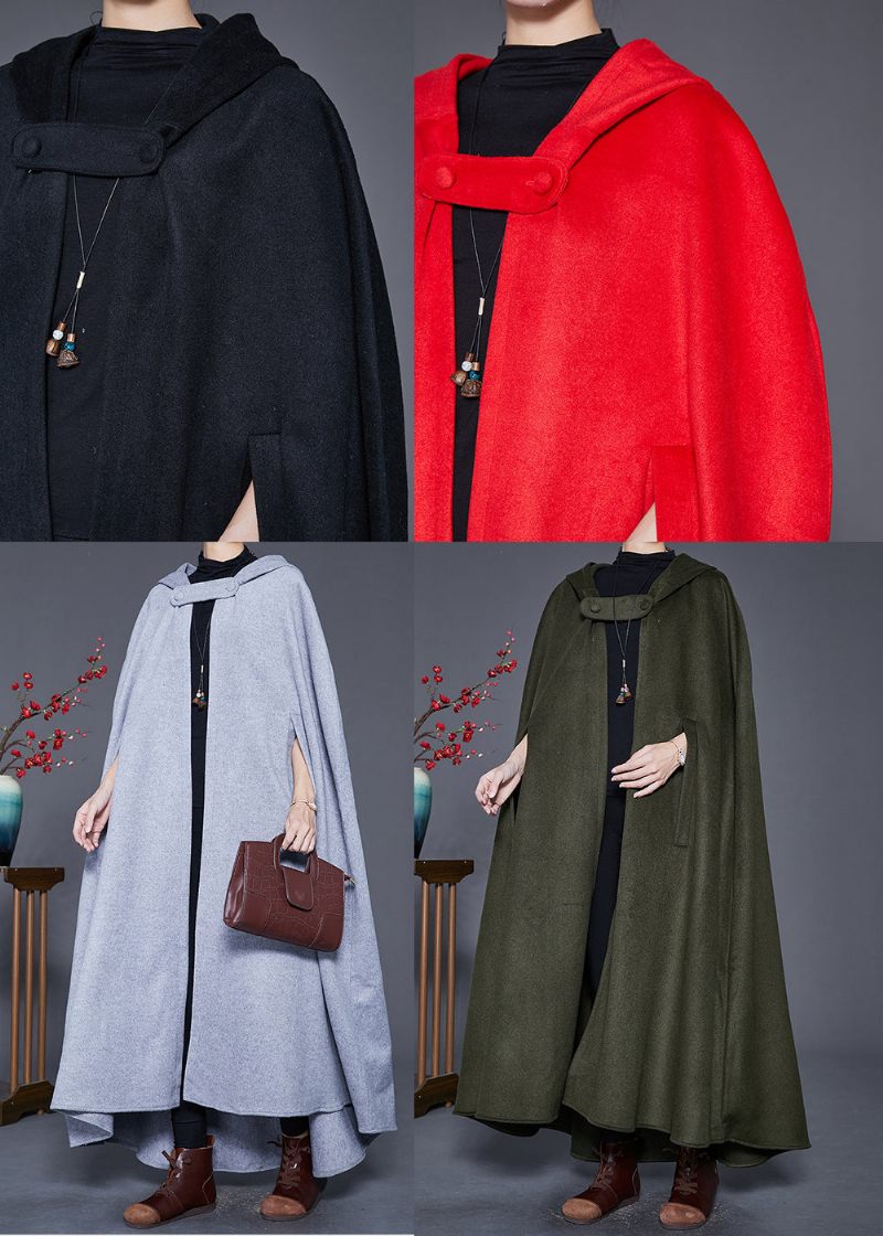 Plus Size Sort Hætte Oversized Ulden Trench Kappe Ærmer - Dame trenchcoats