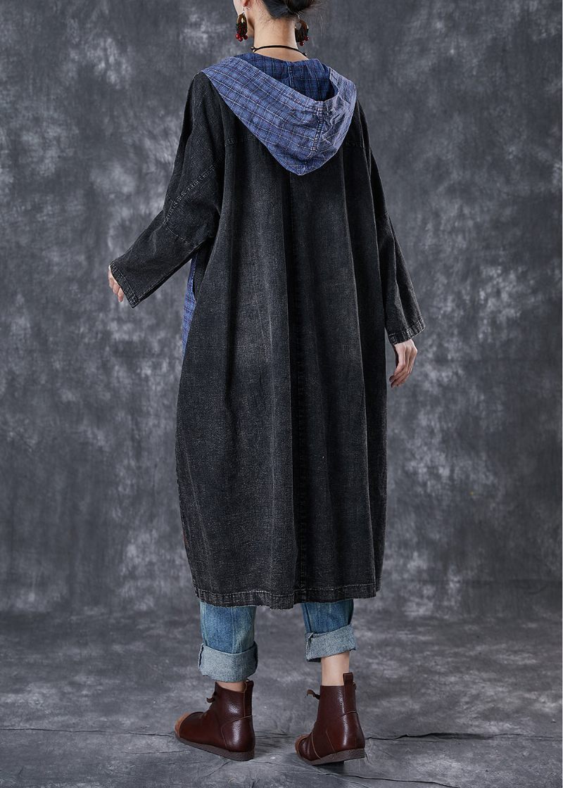 Plus Size Sort Hætte Patchwork Store Lommer Denim Frakker Efterår - Dame trenchcoats