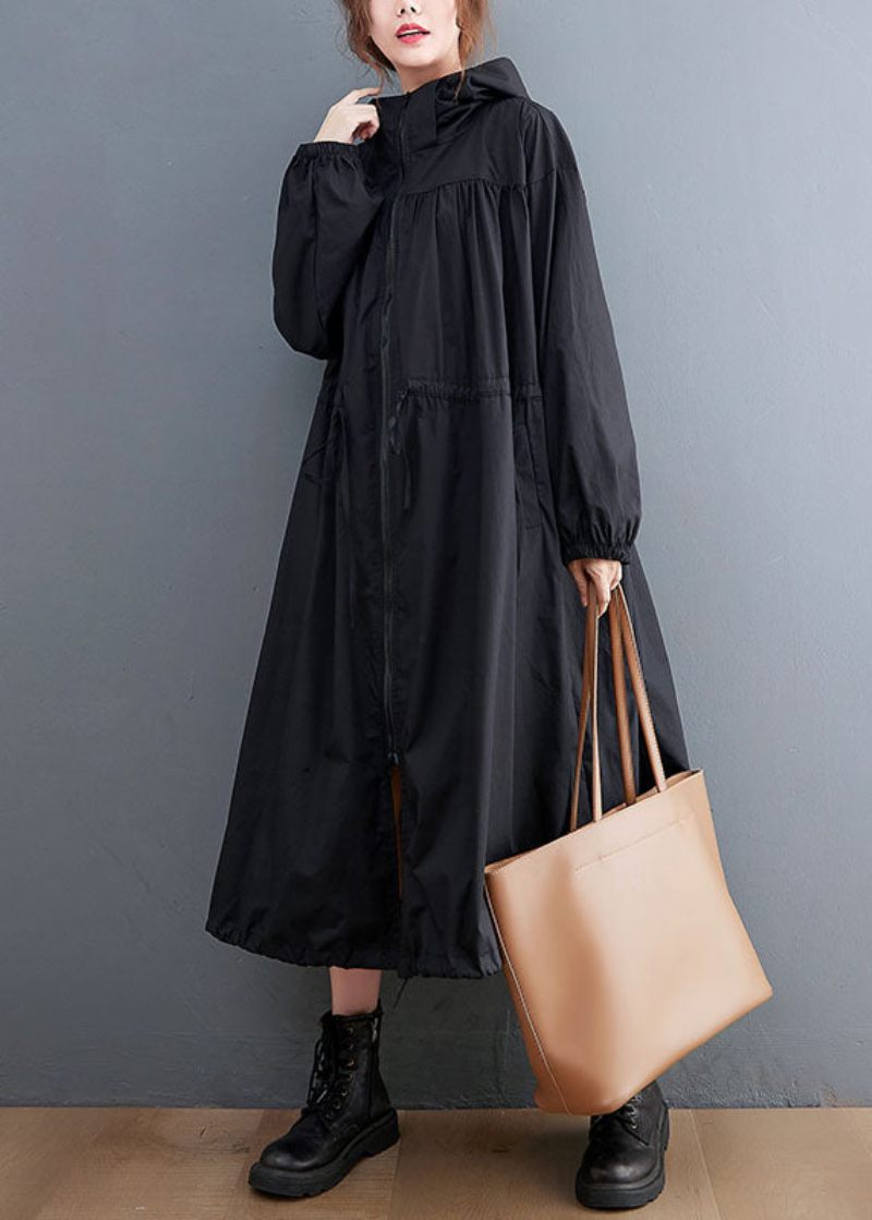 Plus Size Sort Hættetræksnor I Bomuld Trench Coat Fjeder - Dame trenchcoats