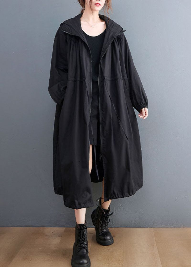 Plus Size Sort Hættetræksnor I Bomuld Trench Coat Fjeder - Dame trenchcoats