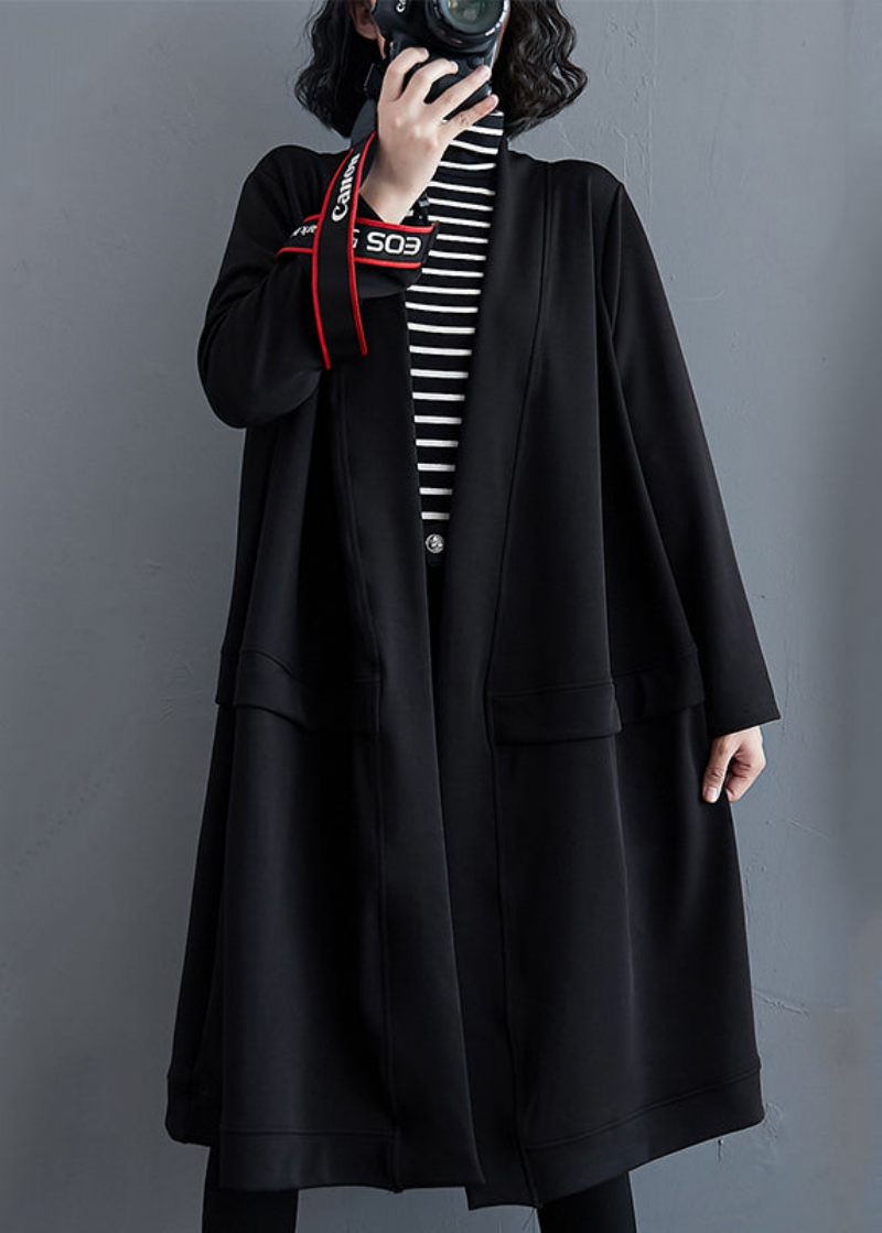 Plus Size Sort V-halslommer Bomuld Trench Coat Fall