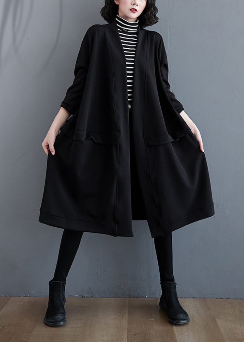 Plus Size Sort V-halslommer Bomuld Trench Coat Fall - Dame trenchcoats