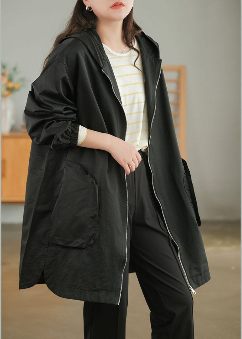 Plus Size Sort Zip Up Ensfarvet Trench Coats I Bomuld Efterår - Sort