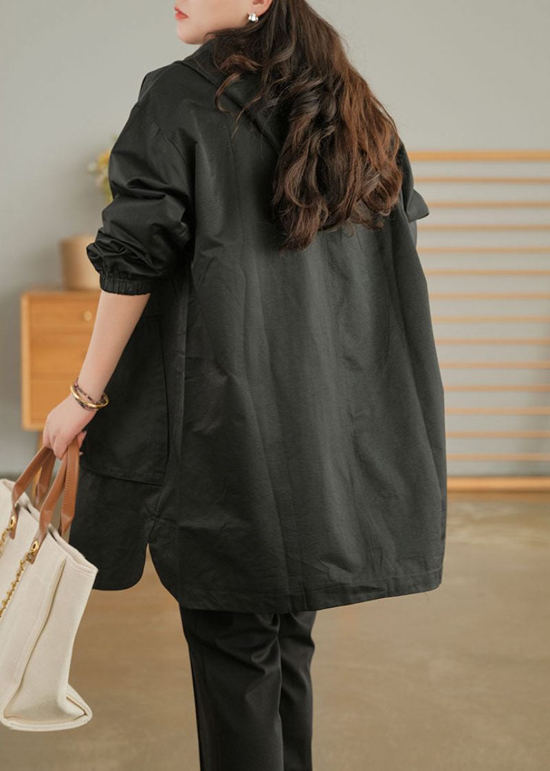 Plus Size Sort Zip Up Ensfarvet Trench Coats I Bomuld Efterår - Sort