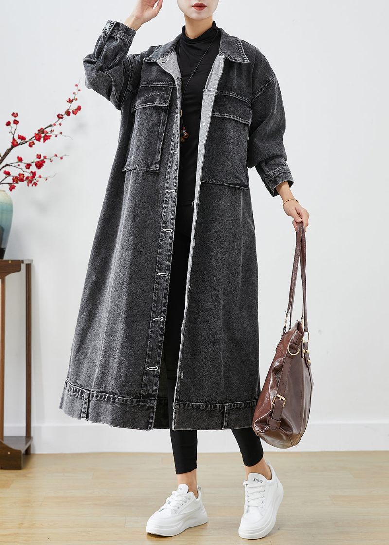 Plus Size Sorte Overdimensionerede Lommer Denim Trench Coats Efterår