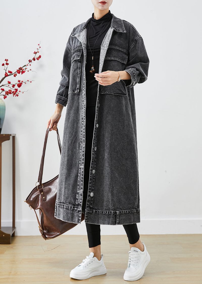 Plus Size Sorte Overdimensionerede Lommer Denim Trench Coats Efterår - Dame trenchcoats