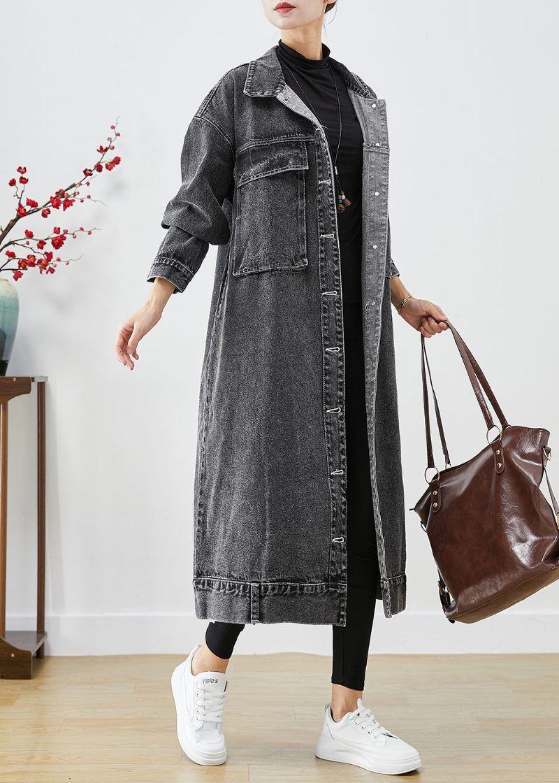 Plus Size Sorte Overdimensionerede Lommer Denim Trench Coats Efterår - Dame trenchcoats