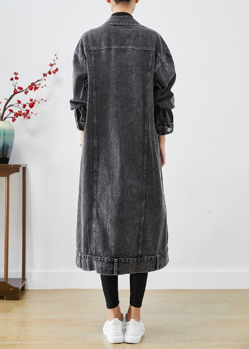 Plus Size Sorte Overdimensionerede Lommer Denim Trench Coats Efterår - Dame trenchcoats