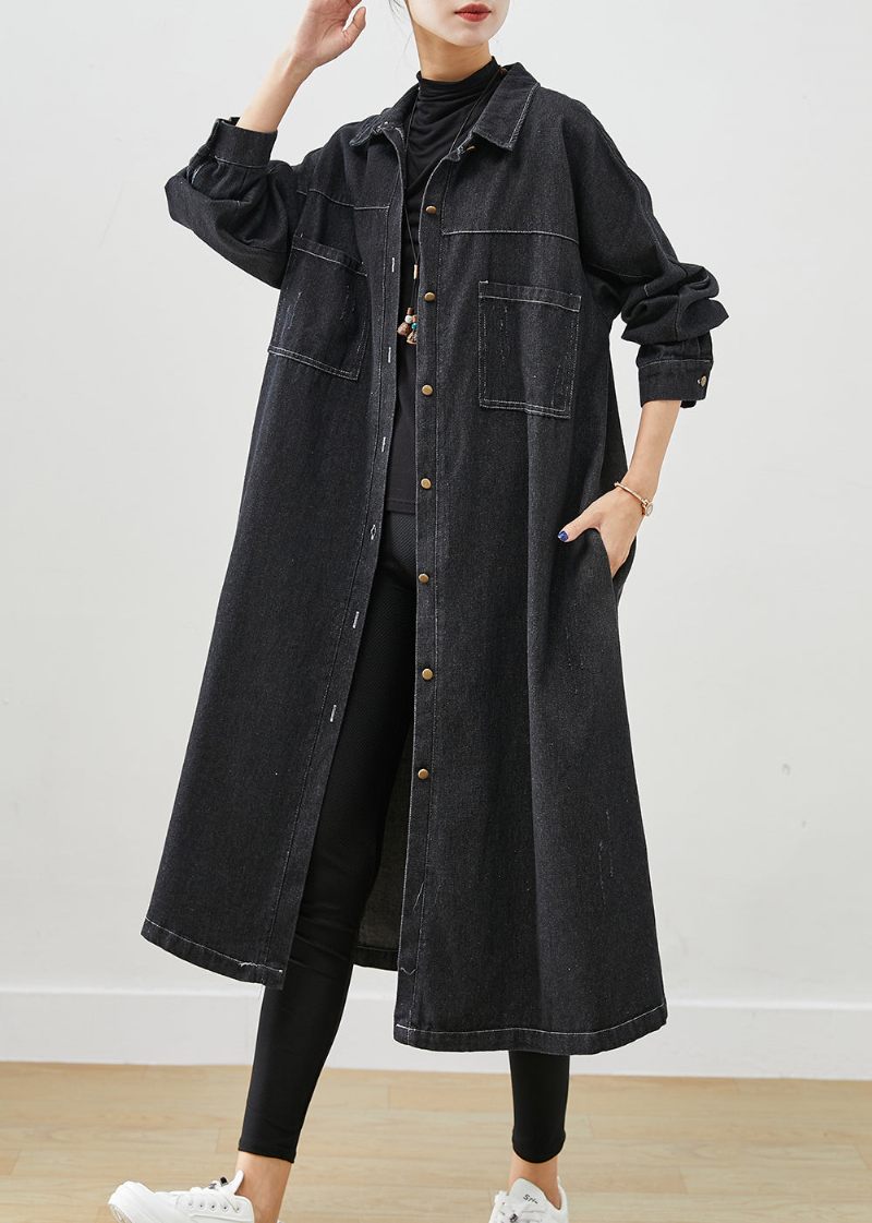 Plus Size Sorte Oversized Lommer Bomuld Frakker Fall