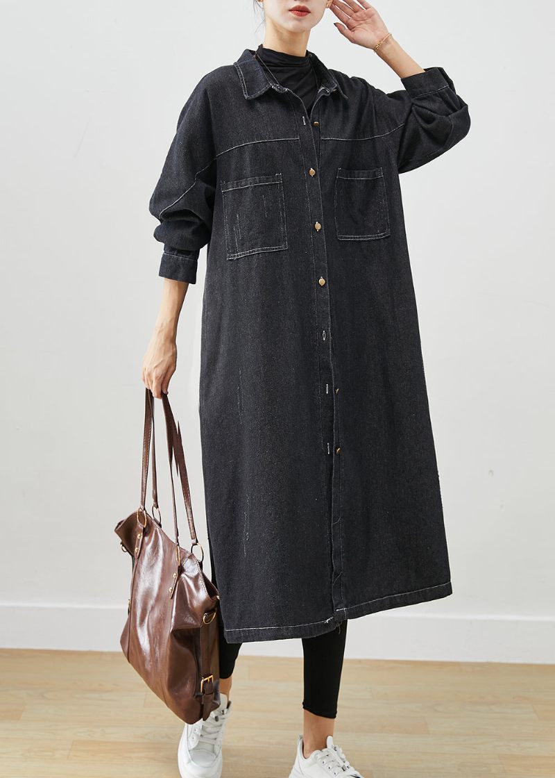 Plus Size Sorte Oversized Lommer Bomuld Frakker Fall - Dame trenchcoats