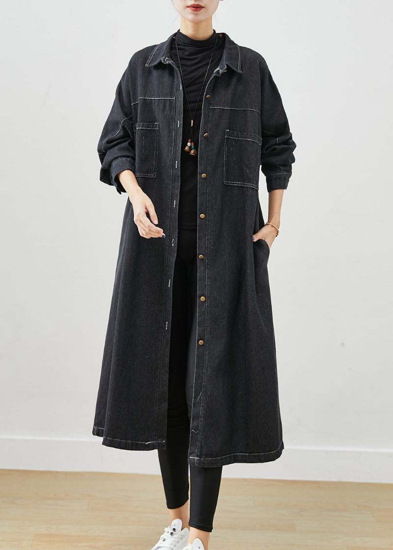 Plus Size Sorte Oversized Lommer Bomuld Frakker Fall - Dame trenchcoats