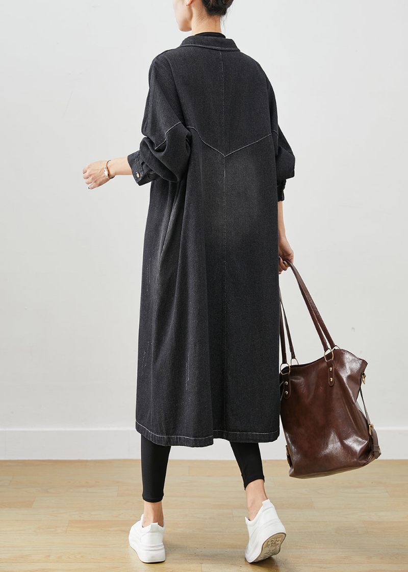 Plus Size Sorte Oversized Lommer Bomuld Frakker Fall - Dame trenchcoats