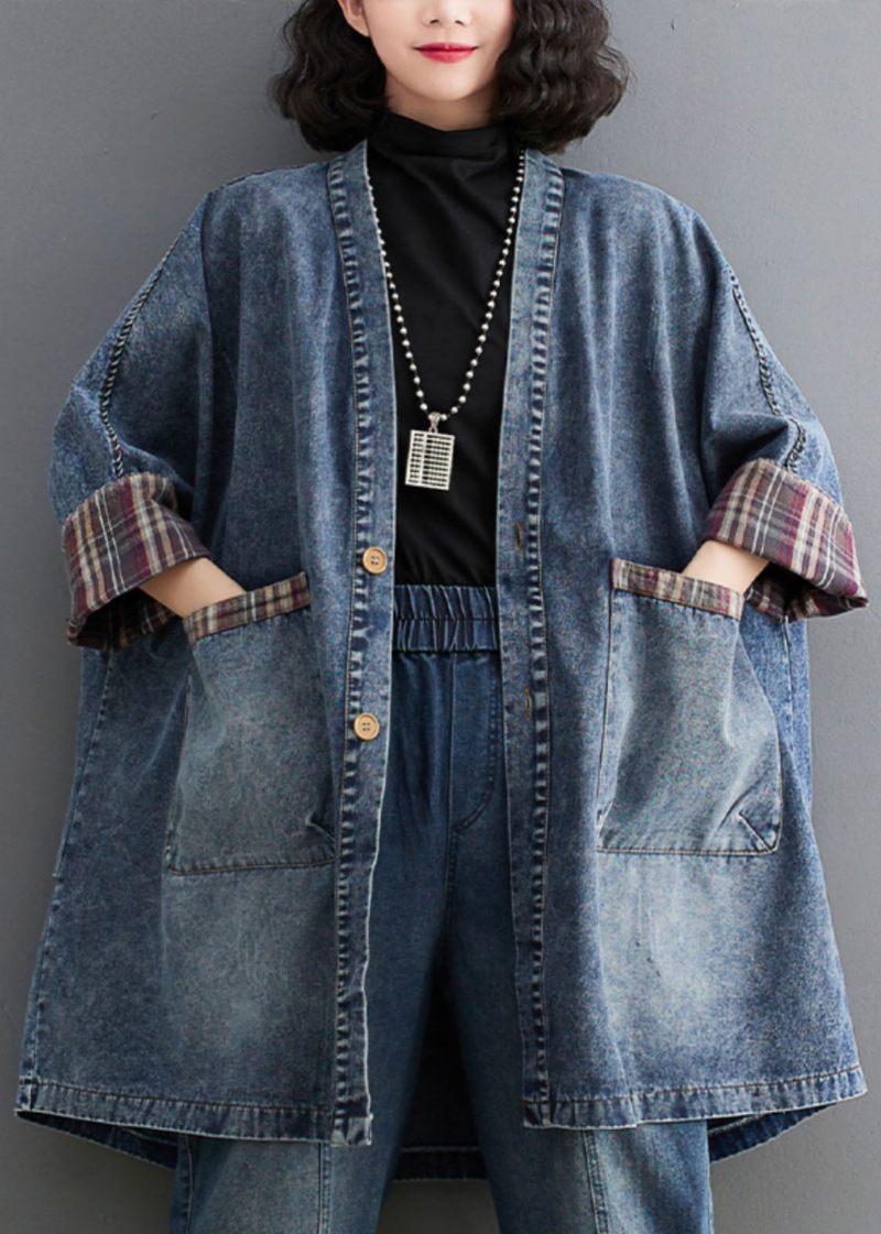 Retro Blå V-hals Stribet Patchwork Denim Trench Coat Langærmet