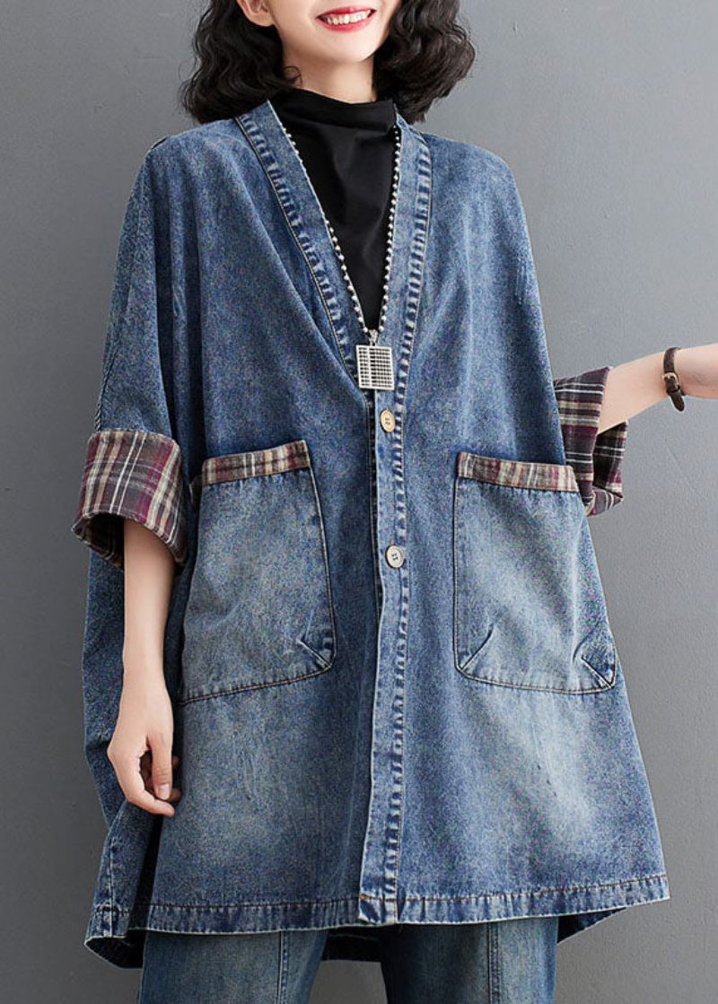 Retro Blå V-hals Stribet Patchwork Denim Trench Coat Langærmet - Blå