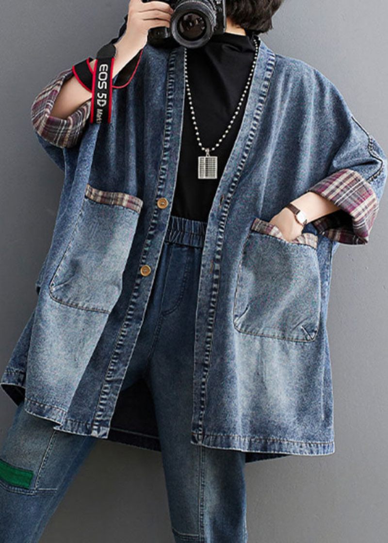 Retro Blå V-hals Stribet Patchwork Denim Trench Coat Langærmet - Blå