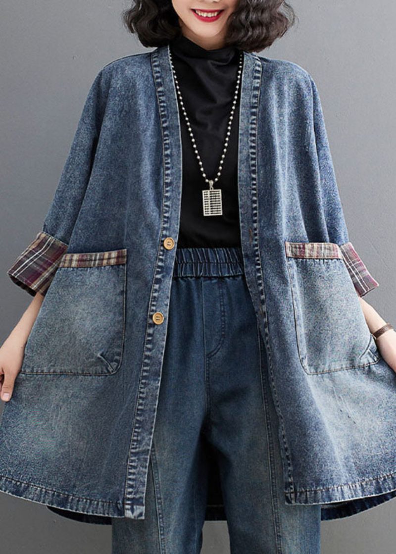 Retro Blå V-hals Stribet Patchwork Denim Trench Coat Langærmet - Blå