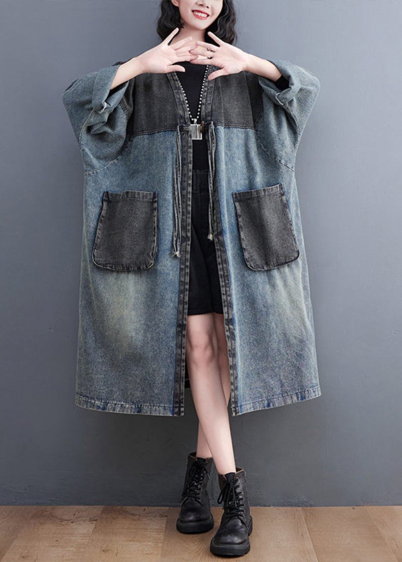 Retro Blå V-halslommer Patchwork Knap Denim Lange Trenchcoats Efterår