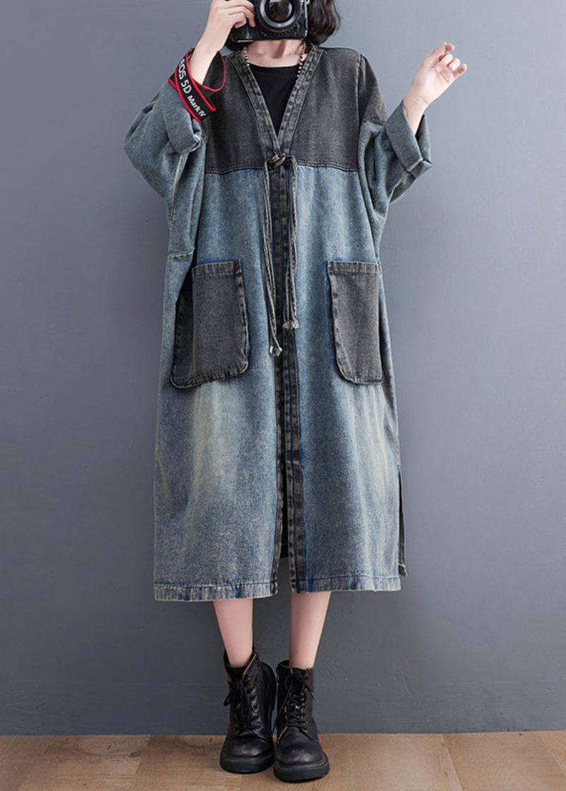 Retro Blå V-halslommer Patchwork Knap Denim Lange Trenchcoats Efterår - Dame trenchcoats