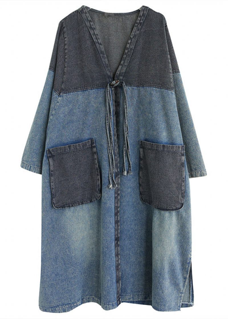 Retro Blå V-halslommer Patchwork Knap Denim Lange Trenchcoats Efterår - Dame trenchcoats